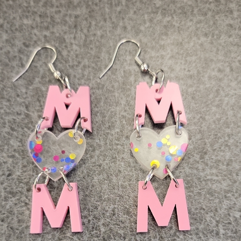 Pink and Clear Heart Drop Earrings - Picture 1 of 1